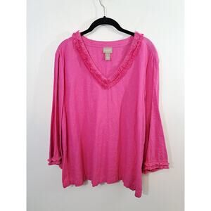 Chico's Women's Pink Linen Blend V-neck 3/4 Sleeve XL Blouse Beachy Vacation